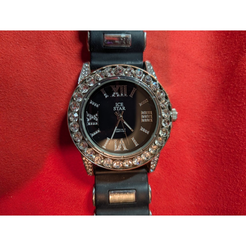 Ice Star Men's Iced Out Watch Black Dial Roman Numeral Quartz Movement Bling